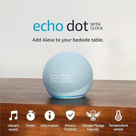 Echo Dot with clock (5th generation) | Bigger vibrant sound Wi-Fi and Bluetooth smart speaker and Alexa | Cloud Blue